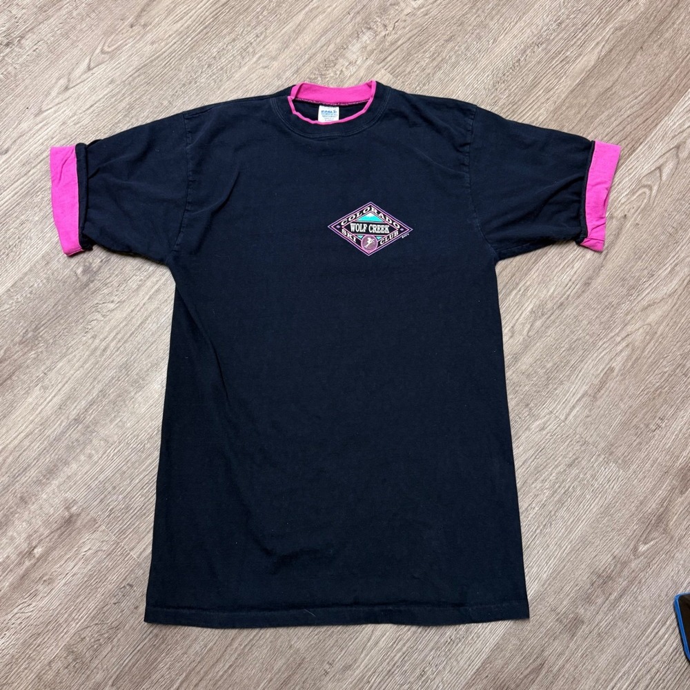 Vintage 1991 Eagle Sportswear Colorado Wolf Creek Ski Club T-Shirt XL Black Pink